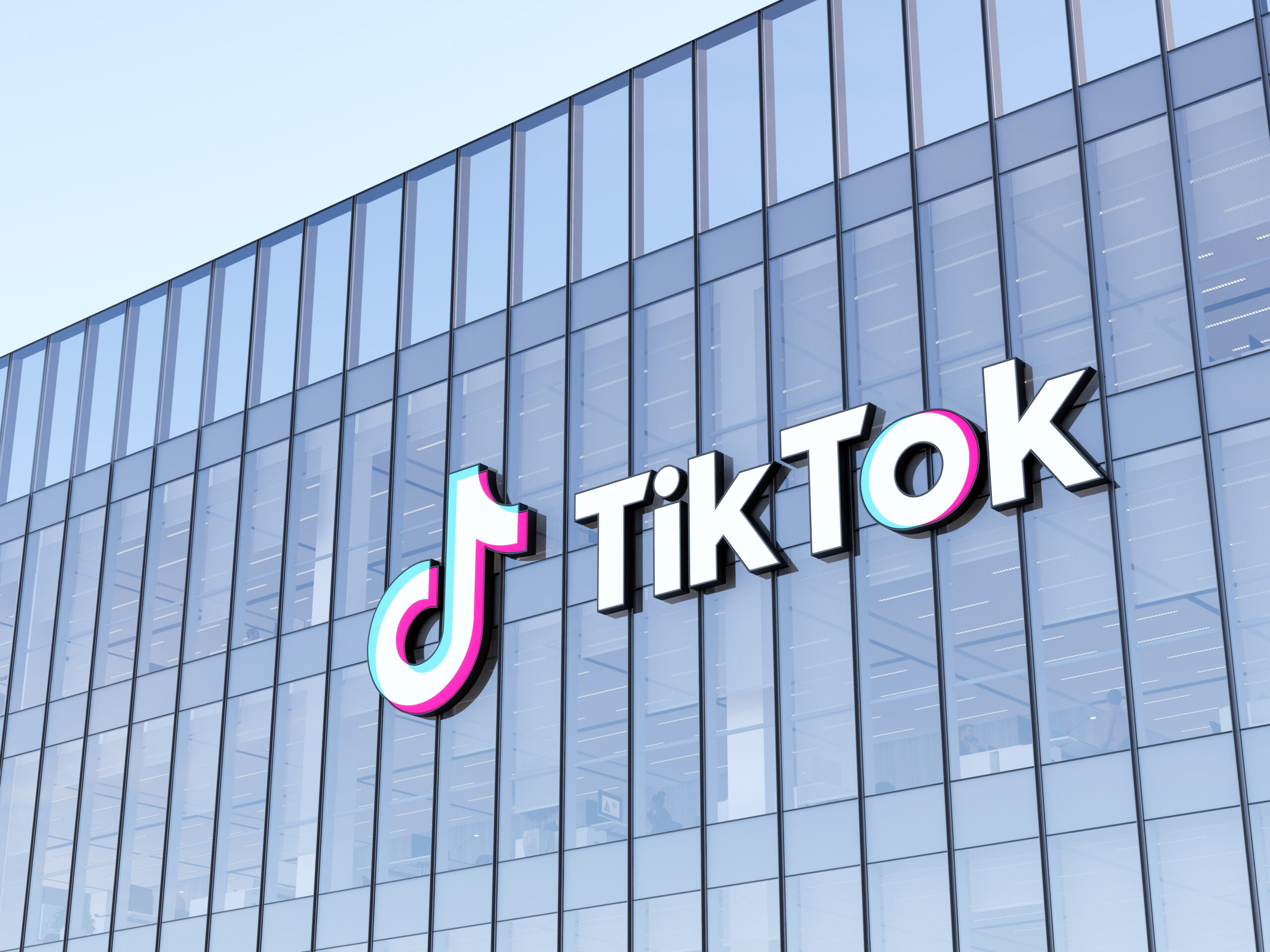 Culver City, Ca, Usa. May 2, 2022. Editorial Use Only, 3d Cgi. Tiktok Signage Logo On Top Of Glass Building. Multinational Social Networking Company Office Headquarters.